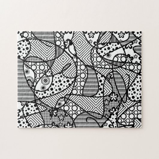 Black & White Doodle Pattern Patchwork 04 ジグソーパズル (横)