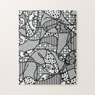 Black & White Doodle Pattern Patchwork 04 ジグソーパズル
