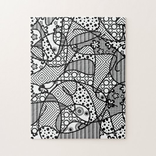 Black & White Doodle Pattern Patchwork 04 ジグソーパズル (縦)