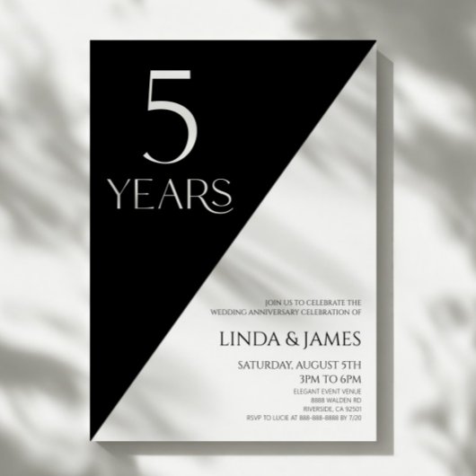 Black White Elegant 5th Wedding Anniversary 招待状
