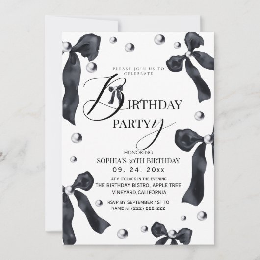 Black & White Elegant Bow Birthday Party 招待状 (正面)