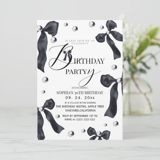 Black & White Elegant Bow Birthday Party 招待状 (スタンド正面)