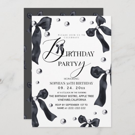 Black & White Elegant Bow Birthday Party 招待状 (正面/裏面)