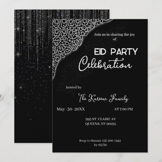 Black & white elegant  Eid Party Invitation  招待状 (正面/裏面)