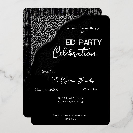  Black & white elegant  Eid Party Invitation  箔シーズンカード (正面/裏面)
