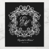 Black White Elegant Monogram Crest Vintage Wedding ワインラベル (シングルラベル)