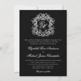 Black White Elegant Monogram Crest Wedding 招待状