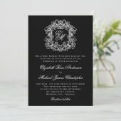 Black White Elegant Monogram Crest Wedding 招待状 (スタンド正面)