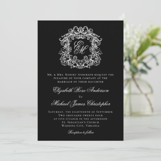 Black White Elegant Monogram Crest Wedding 招待状 (スタンド正面)