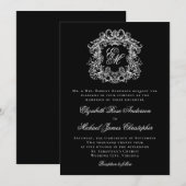 Black White Elegant Monogram Crest Wedding 招待状 (正面/裏面)