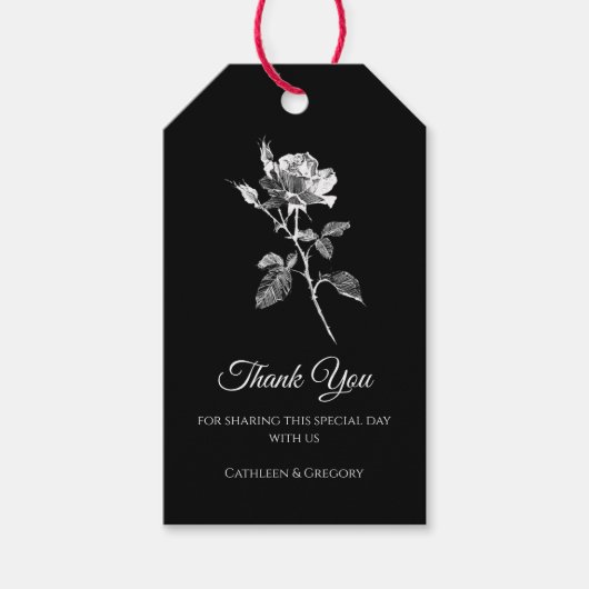Black White Elegant Rose Thank You Wedding ギフトタグ (正面)