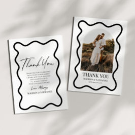 Black White Elegant Wavy Border Photo Wedding サンキューカード