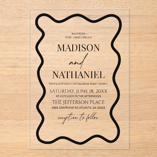 Black White Elegant Wavy Border Wedding アクリル招待状 (正面)