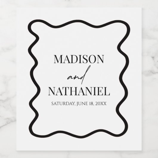 Black White Elegant Wavy Border Wedding ワインラベル (シングルラベル)