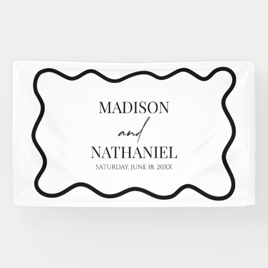 Black White Elegant Wavy Border Wedding 横断幕 (横)