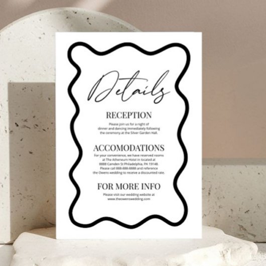 Black White Elegant Wavy Border Wedding Details エンクロージャーカード