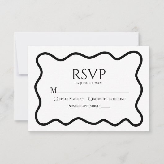 Black White Elegant Wavy Border Wedding RSVP Card (正面)