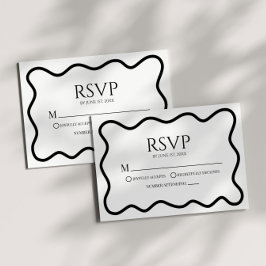 Black White Elegant Wavy Border Wedding RSVP Card