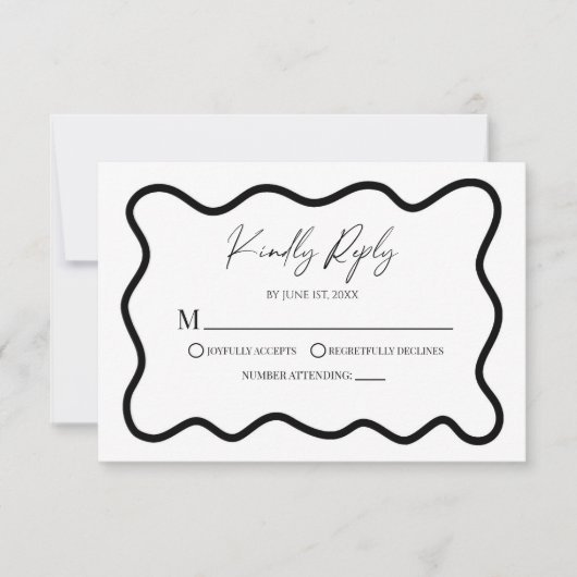 Black White Elegant Wavy Border Wedding RSVP Card (正面)