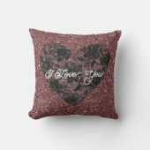 Black White Faux Lace Heart Floral  クッション (正面)