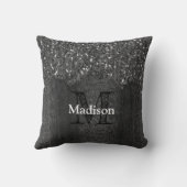 Black white faux sparkles rustic wood Monogram クッション (裏面)