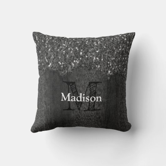 Black white faux sparkles rustic wood Monogram クッション (裏面)