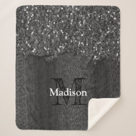 Black white faux sparkles rustic wood Monogram シェルパブランケット