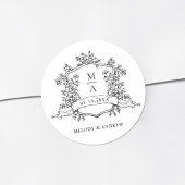 Black & White Floral Crest Monograms Wedding ラウンドシール
