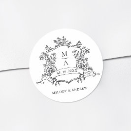 Black & White Floral Crest Monograms Wedding ラウンドシール