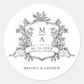 Black & White Floral Crest Monograms Wedding ラウンドシール (正面)