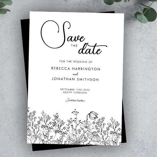 Black White Floral Elegant Wedding Save The Date セーブザデート