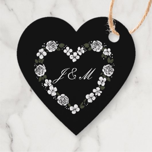 Black & White Floral Heart Wedding Favor Box フェイバータグ (裏面)