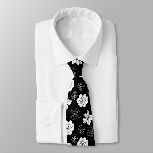 Black & White Floral Pattern ネクタイ (タイ)