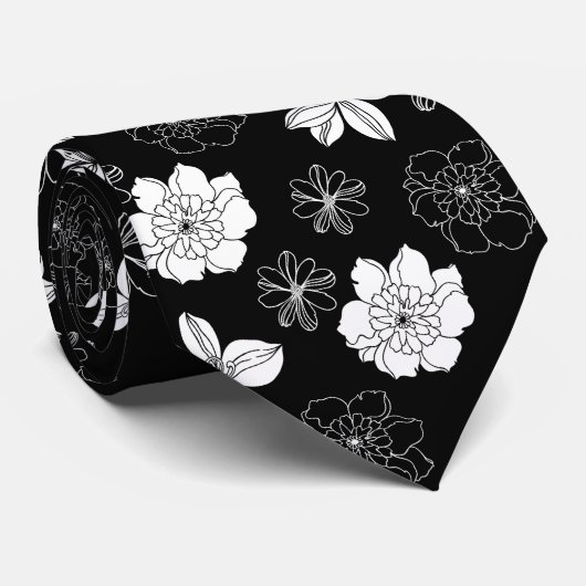 Black & White Floral Pattern ネクタイ (ロール)