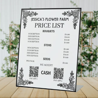 Black & White Floral Qr Code Business Price List 台座サイン