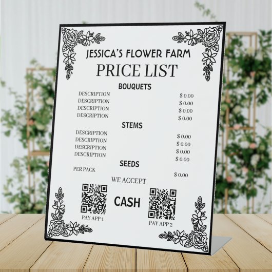 Black & White Floral Qr Code Business Price List 台座サイン