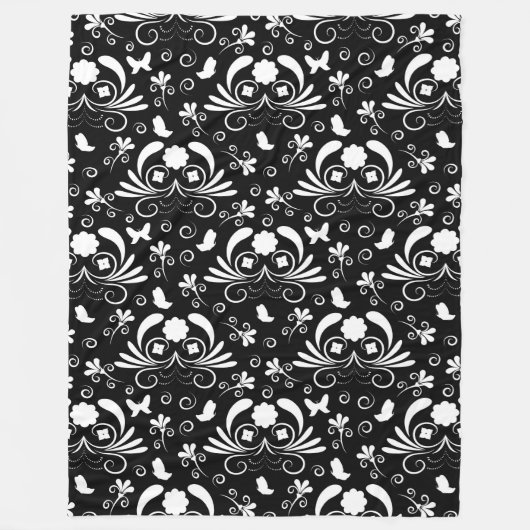 Black White Floral Swirl Butterfly Pattern フリースブランケット (正面)