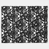 Black White Floral Swirl Butterfly Pattern フリースブランケット (正面(横))