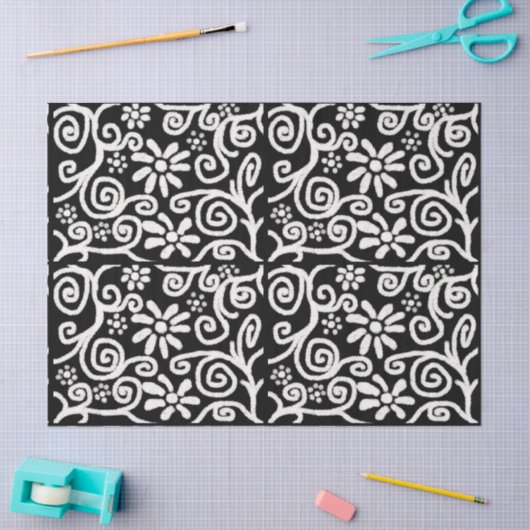 Black White Floral Swirls Flowers Decoupage 薄葉紙 (クラフト)