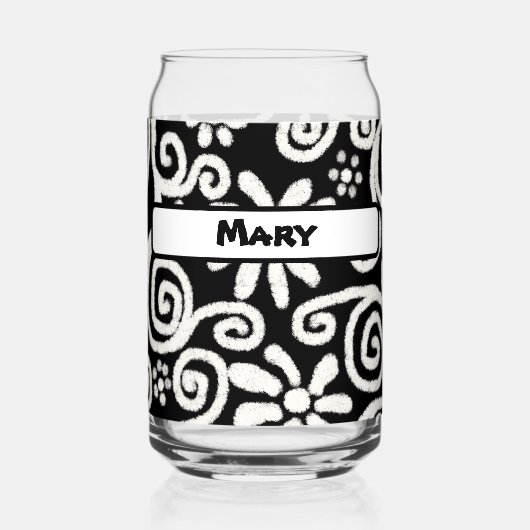 Black White Floral Swirls Pattern Personalized ガラス缶 (裏面)