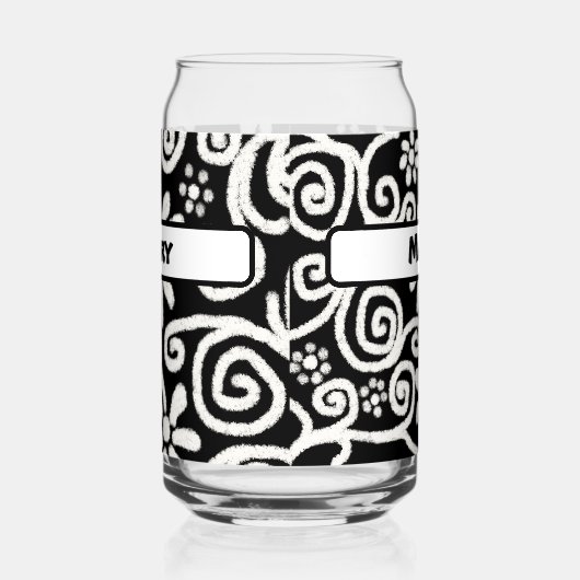 Black White Floral Swirls Pattern Personalized ガラス缶 (右)