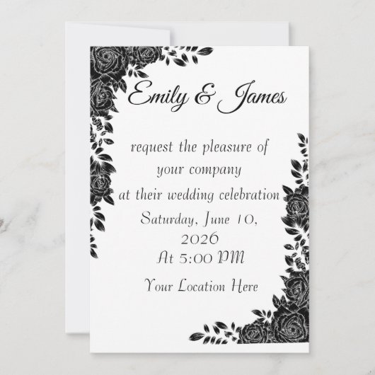 “Black & White Floral Wedding Invitation 招待状 (正面)