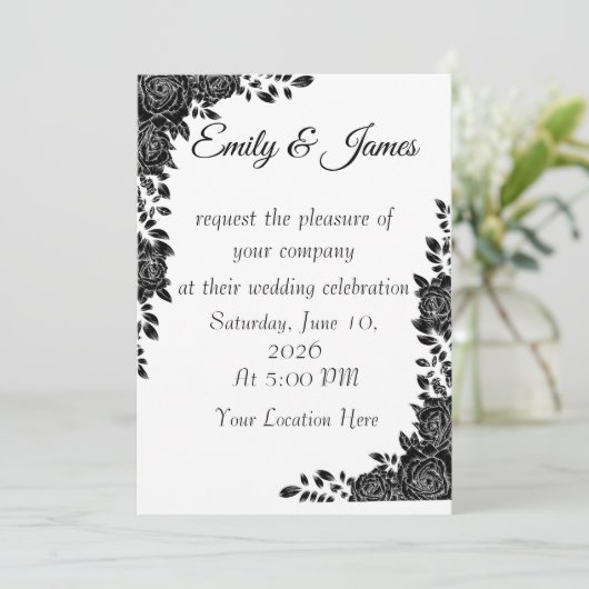 “Black & White Floral Wedding Invitation 招待状 (スタンド正面)