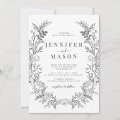 Black white floral wreath boho wedding invitation 招待状 (正面)