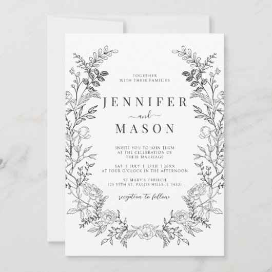 Black white floral wreath boho wedding invitation 招待状 (正面)