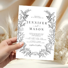 Black white floral wreath boho wedding invitation 招待状