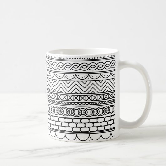 Black & White Geometric Border Sampler Pattern コーヒーマグカップ (右)