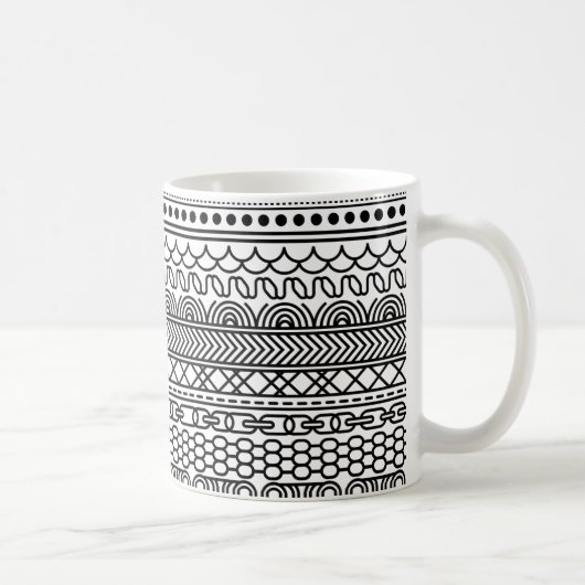 Black & White Geometric Border Sampler Pattern コーヒーマグカップ (右)