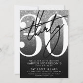 Black White Glitter 30th Birthday 招待状 (正面)