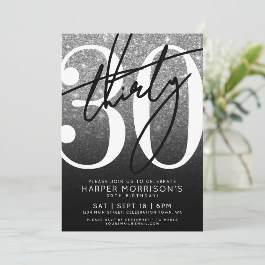 Black White Glitter 30th Birthday 招待状 (スタンド正面)